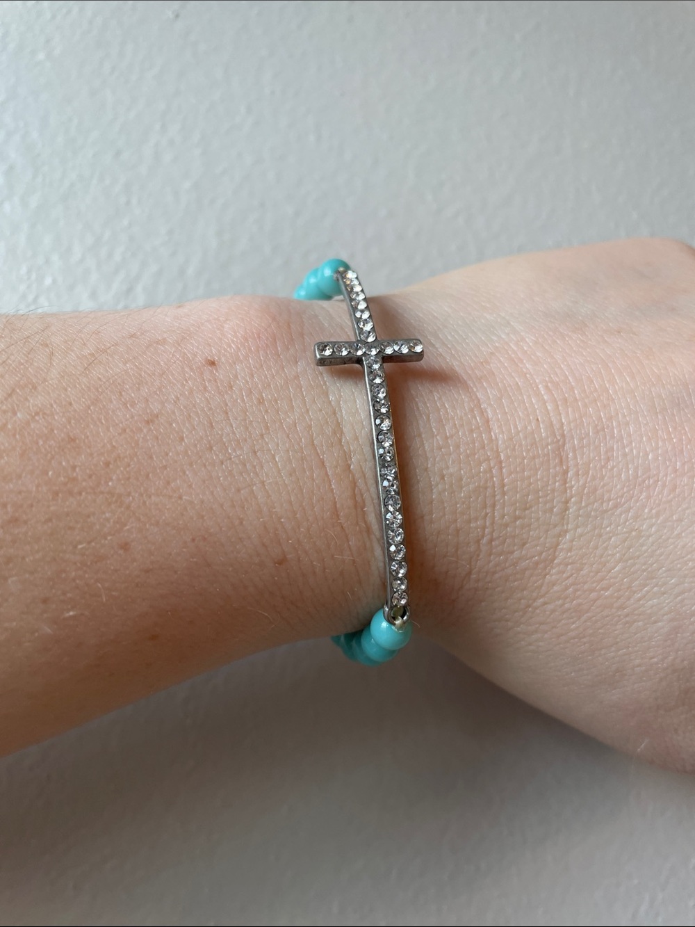 Crystal Cross & Aqua Bead Bracelet